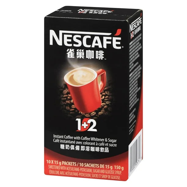 Nestle Nescafé 1+2 Instant Coffee with Coffee Whitener And Sugar, 10 x 15 g